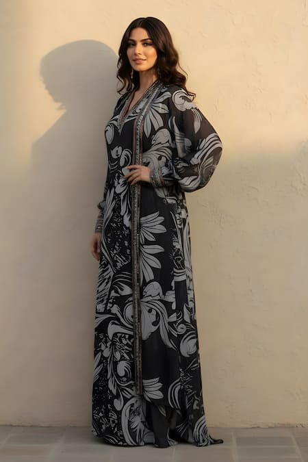 Shop Nikita Mhaisalkar Black Georgette Embroidery, Beads, Stones V-neck Swirl Print Jacket And Dress Set at Aza Fashions Shop_Nikita Mhaisalkar_Black Georgette Embroidery, Beads, Stones V-neck Swirl Print Jacket And Dress Set _at_Aza_Fashions
