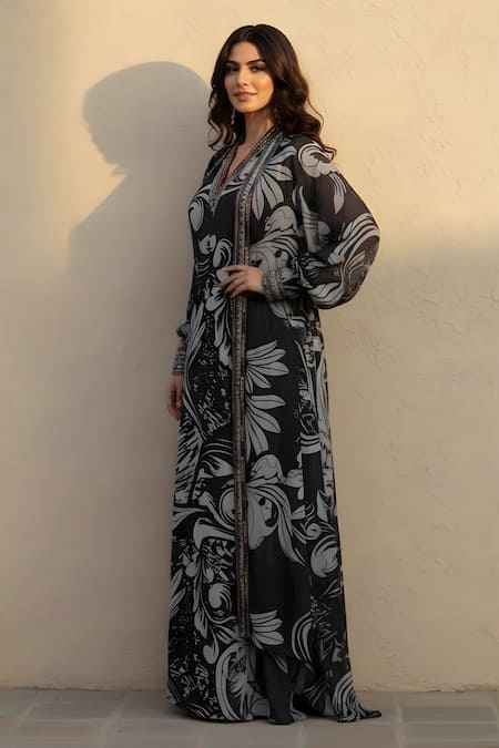 Nikita Mhaisalkar_Black Georgette Embroidery, Beads, Stones V-neck Swirl Print Jacket And Dress Set _Online_at_Aza_Fashions