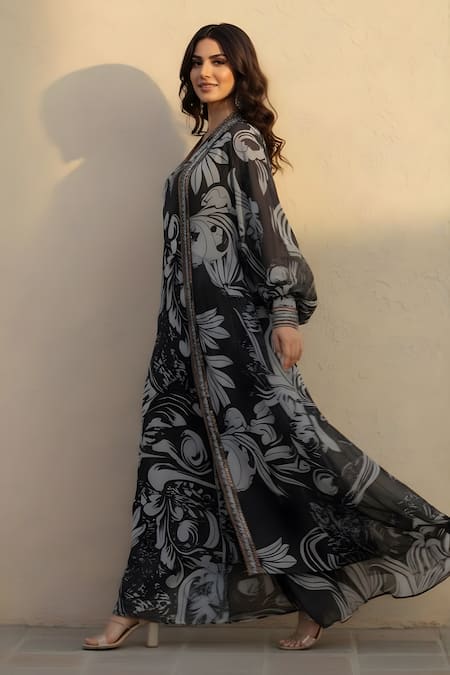 Buy Nikita Mhaisalkar Black Georgette Embroidery, Beads, Stones V-neck Swirl Print Jacket And Dress Set Online at Aza Fashions Buy_Nikita Mhaisalkar_Black Georgette Embroidery, Beads, Stones V-neck Swirl Print Jacket And Dress Set _Online_at_Aza_Fashions