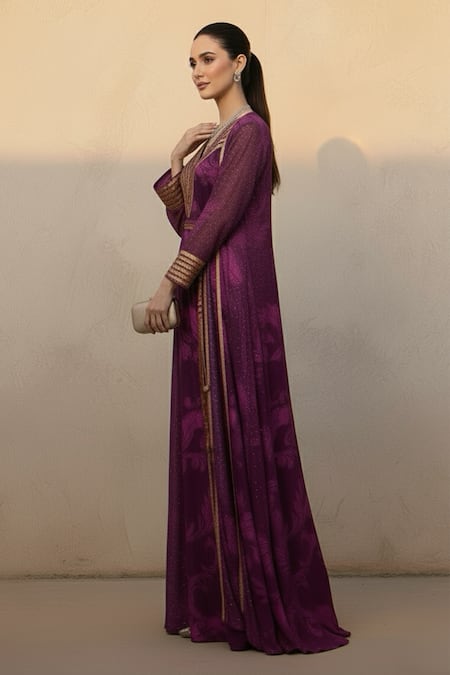 Nikita Mhaisalkar Purple Georgette Embroidery, Tassels V-neck Swirl Print Dress And Long Jacket Set Online at Aza Fashions Nikita Mhaisalkar_Purple Georgette Embroidery, Tassels V-neck Swirl Print Dress And Long Jacket Set _Online_at_Aza_Fashions