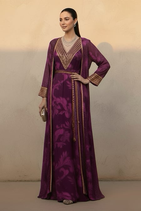 Shop Nikita Mhaisalkar Purple Georgette Embroidery, Tassels V-neck Swirl Print Dress And Long Jacket Set at Aza Fashions Shop_Nikita Mhaisalkar_Purple Georgette Embroidery, Tassels V-neck Swirl Print Dress And Long Jacket Set _at_Aza_Fashions