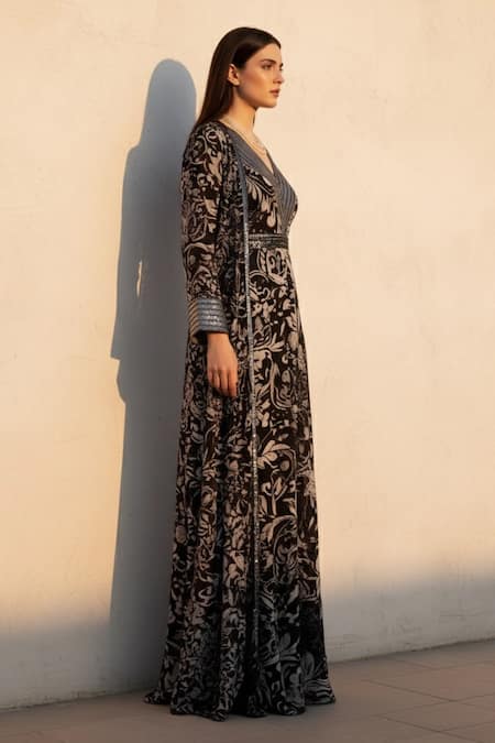 Shop Nikita Mhaisalkar Black Georgette Embroidery, Sequins, Tassels Swirl Print Maxi Dress And Jacket Set at Aza Fashions Shop_Nikita Mhaisalkar_Black Georgette Embroidery, Sequins, Tassels Swirl Print Maxi Dress And Jacket Set _at_Aza_Fashions