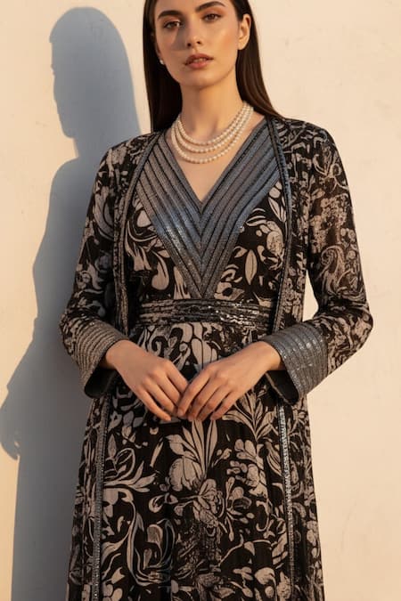 Buy Nikita Mhaisalkar Black Georgette Embroidery, Sequins, Tassels Swirl Print Maxi Dress And Jacket Set Online at Aza Fashions Buy_Nikita Mhaisalkar_Black Georgette Embroidery, Sequins, Tassels Swirl Print Maxi Dress And Jacket Set _Online_at_Aza_Fashions