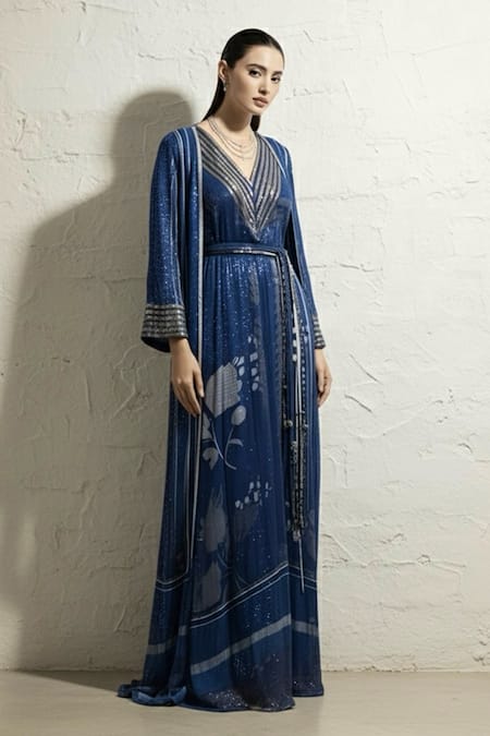 Shop Nikita Mhaisalkar Blue Georgette Embroidery, Foil Printing, Tassels Star Dress And Jacket Set at Aza Fashions Shop_Nikita Mhaisalkar_Blue Georgette Embroidery, Foil Printing, Tassels Star Dress And Jacket Set _at_Aza_Fashions