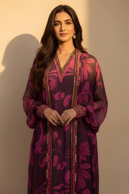 Nikita Mhaisalkar Purple Georgette Embroidery, Sequins V-neck, Swirl Print Dress With Long Jacket Online at Aza Fashions Nikita Mhaisalkar_Purple Georgette Embroidery, Sequins V-neck, Swirl Print Dress With Long Jacket _Online_at_Aza_Fashions