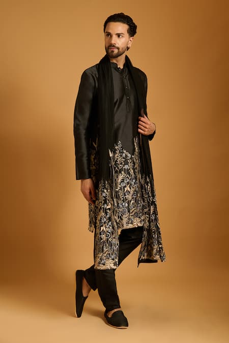 Buy_Siddartha Tytler_Black Polyester, Silk, Net Embroidery, Zari Foliage Work Kurta Set _Online_at_Aza_Fashions