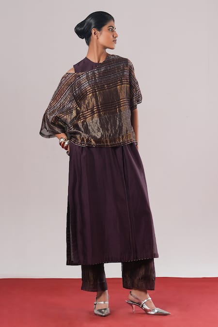 Buy_Urvashi Kaur_Purple Tissue, Silk Metallic Thread Crew Neck Sei Handwoven Asymmetric Top _Online_at_Aza_Fashions