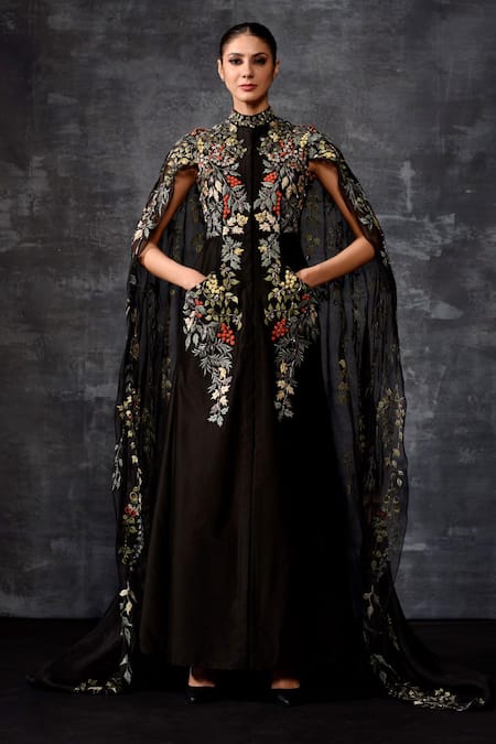Samant Chauhan Black Embroidered Cape Gown 