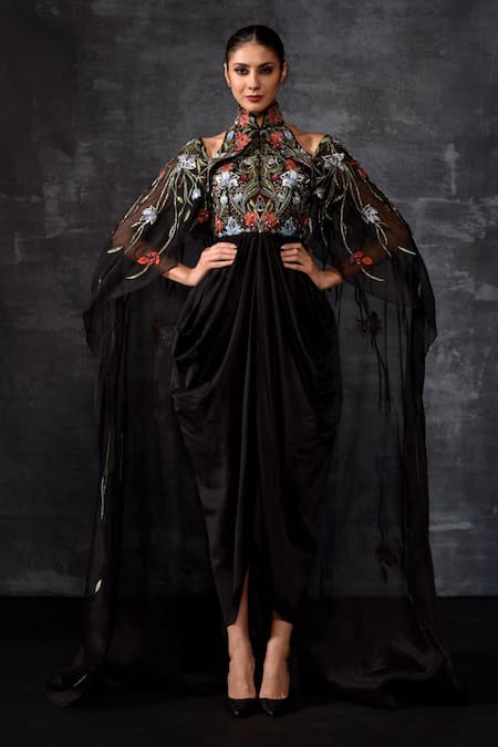 Samant Chauhan Draped Sleeve Embroidered Gown 