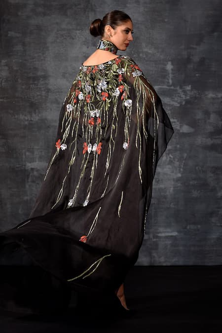 Samant Chauhan Draped Sleeve Embroidered Gown 