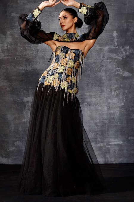 Samant Chauhan_Black Organza, Silk, Cotton Embroidery, Chains High Neck Cutout Gown _Online_at_Aza_Fashions
