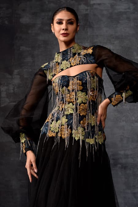 Buy_Samant Chauhan_Black Organza, Silk, Cotton Embroidery, Chains High Neck Cutout Gown _Online_at_Aza_Fashions