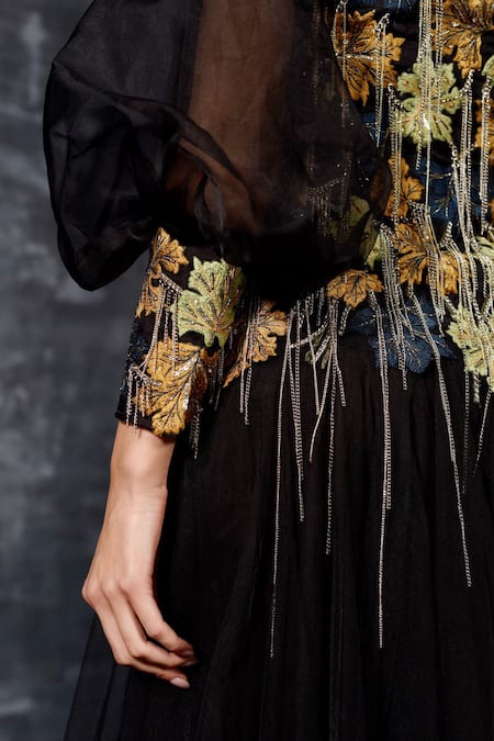 Shop_Samant Chauhan_Black Organza, Silk, Cotton Embroidery, Chains High Neck Cutout Gown _Online_at_Aza_Fashions