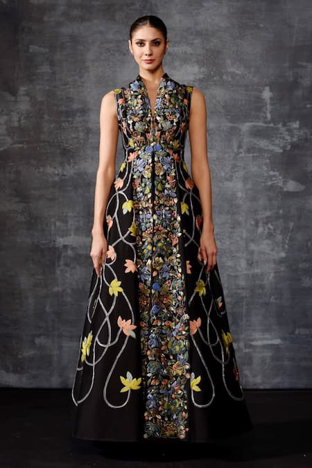 Samant Chauhan_Black Cotton, Silk Embroidery, Metallic Thread High Neck Sleeveless Floral Gown _Online_at_Aza_Fashions