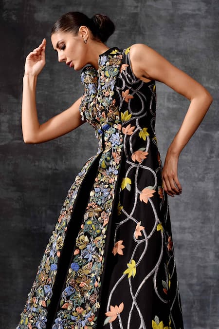 Buy_Samant Chauhan_Black Cotton, Silk Embroidery, Metallic Thread High Neck Sleeveless Floral Gown _Online_at_Aza_Fashions