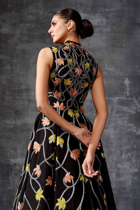 Shop_Samant Chauhan_Black Cotton, Silk Embroidery, Metallic Thread High Neck Sleeveless Floral Gown _Online_at_Aza_Fashions