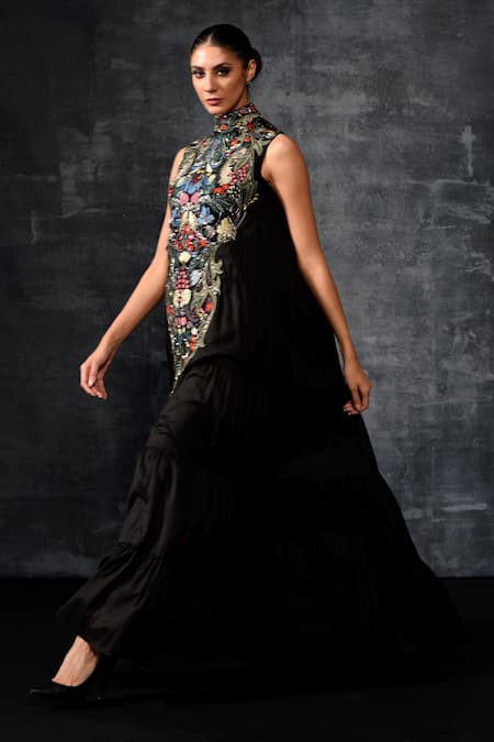 Samant Chauhan_Black Cotton, Silk Embroidery High Neck Floral Gown _Online_at_Aza_Fashions