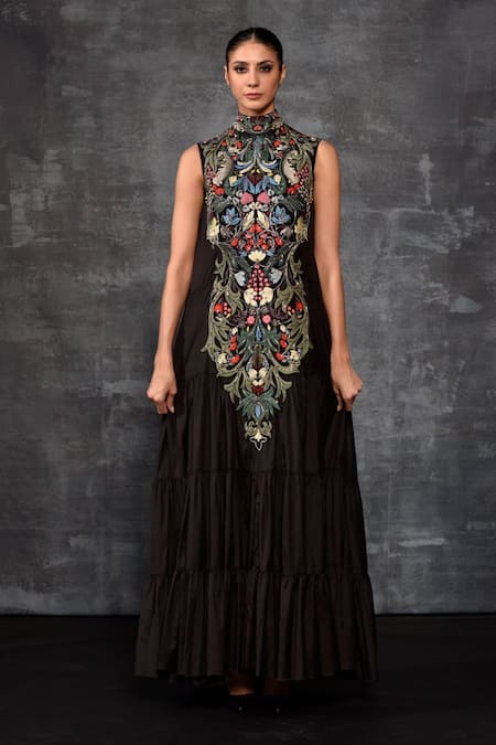 Buy_Samant Chauhan_Black Cotton, Silk Embroidery High Neck Floral Gown _Online_at_Aza_Fashions