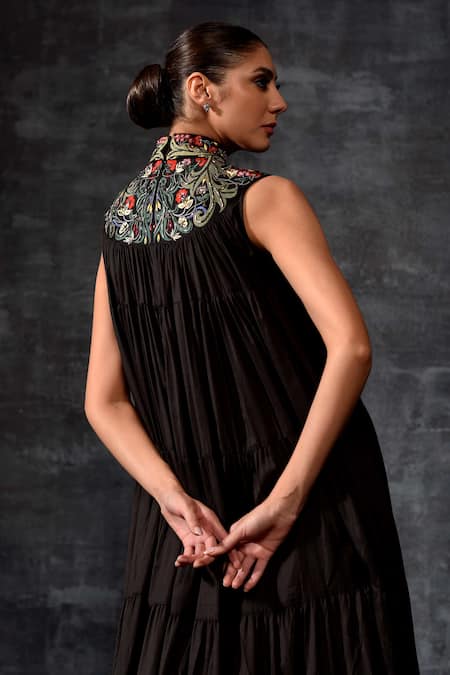 Shop_Samant Chauhan_Black Cotton, Silk Embroidery High Neck Floral Gown _Online_at_Aza_Fashions