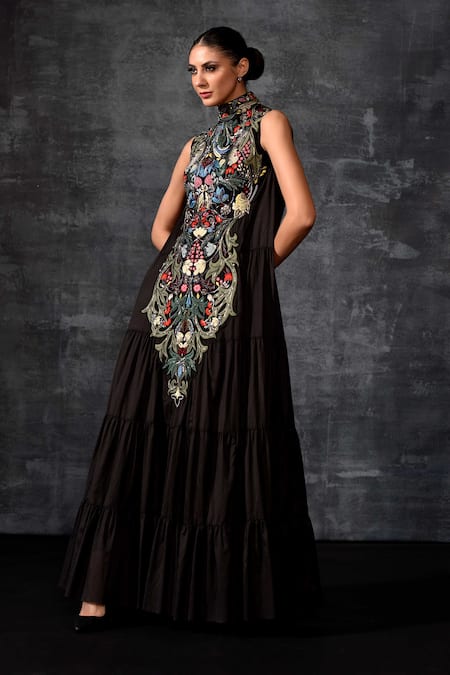 Samant Chauhan_Black Cotton, Silk Embroidery High Neck Floral Gown _at_Aza_Fashions