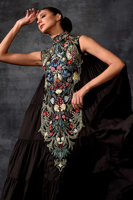Buy_Samant Chauhan_Black Cotton, Silk Embroidery High Neck Floral Gown 