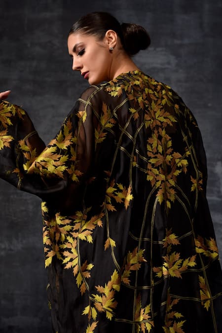 Buy_Samant Chauhan_Black Cotton, Silk Embroidery Round Neck Gold Leaf Kaftan _Online_at_Aza_Fashions