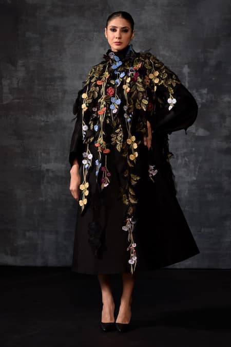 Samant Chauhan Floral Applique Cape Dress 