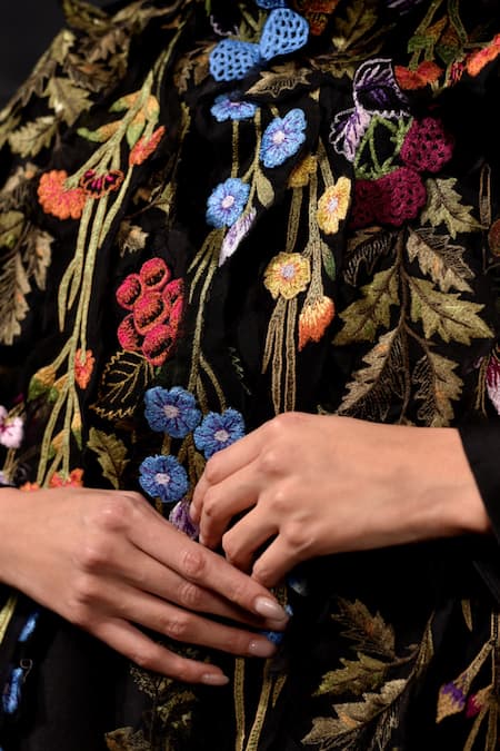 Shop_Samant Chauhan_Black Cotton, Silk Applique, Embroidery High Neck Floral Cape Dress _Online_at_Aza_Fashions