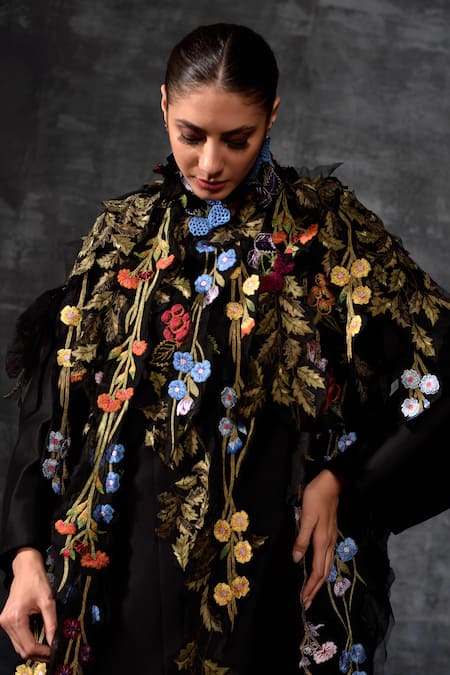Samant Chauhan_Black Cotton, Silk Applique, Embroidery High Neck Floral Cape Dress _at_Aza_Fashions