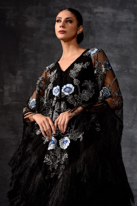 Buy_Samant Chauhan_Black Net, Cotton Embroidery, Fringe V-neck Kaftan Gown _Online_at_Aza_Fashions