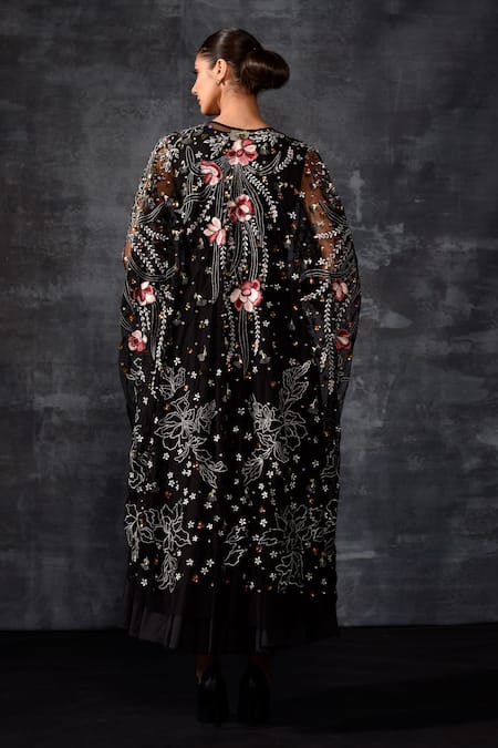Samant Chauhan Black Floral Embroidered Cape Dress 
