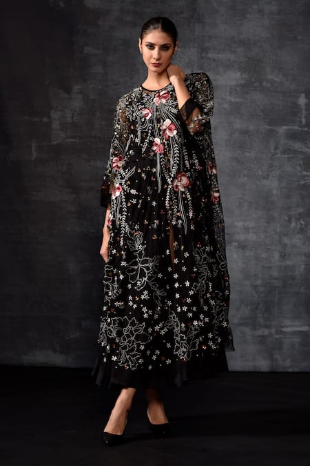 Samant Chauhan_Black Net, Cotton Embroidery, Sequins Round Neck Floral Cape Dress _Online_at_Aza_Fashions