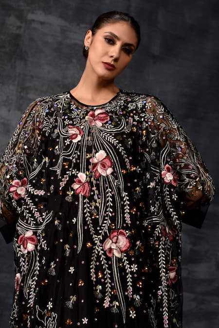 Buy_Samant Chauhan_Black Net, Cotton Embroidery, Sequins Round Neck Floral Cape Dress _Online_at_Aza_Fashions