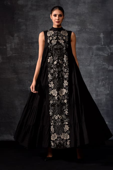 Samant Chauhan Black Sleeveless Embroidered Maxi Dress 