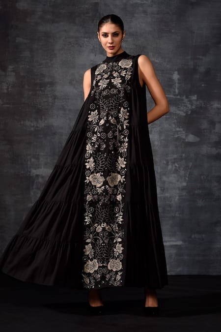 Samant Chauhan_Black Cotton Embroidery High Neck Sleeveless Maxi Dress _Online_at_Aza_Fashions