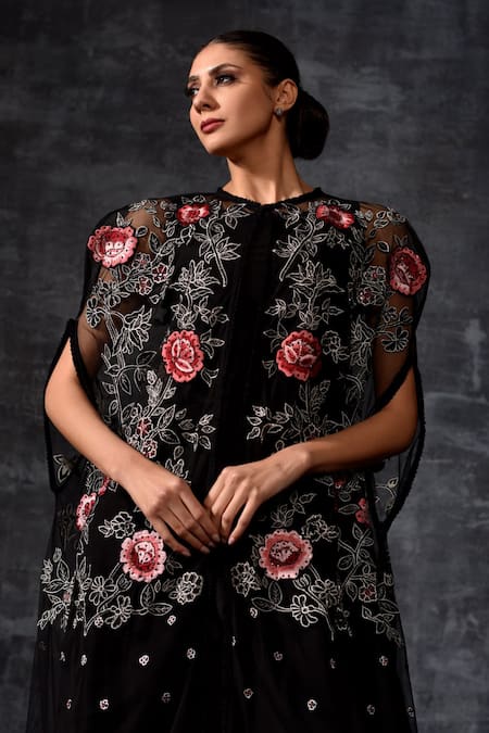Samant Chauhan_Black Net, Cotton Embroidery Round Neck Floral Kaftan _Online_at_Aza_Fashions