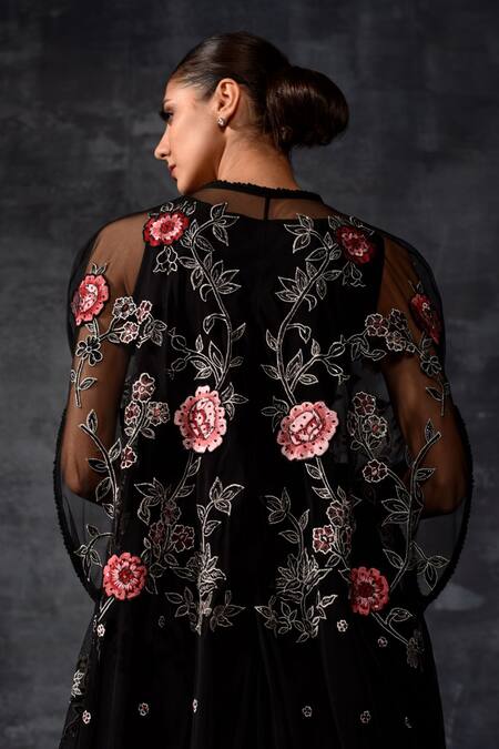 Shop_Samant Chauhan_Black Net, Cotton Embroidery Round Neck Floral Kaftan _Online_at_Aza_Fashions