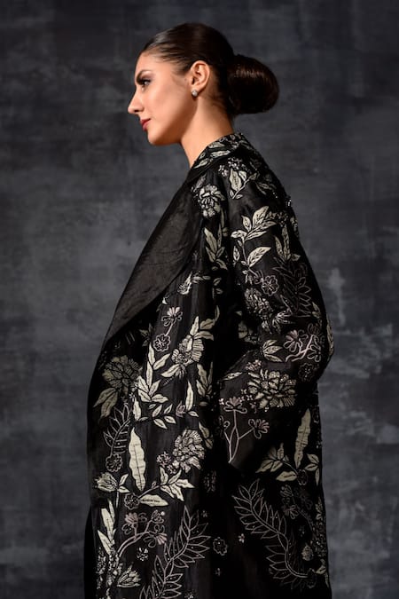 Samant Chauhan_Black Linen, Silk Embroidery, Sequins Collared, Longline Jacket And Dress Set _Online_at_Aza_Fashions
