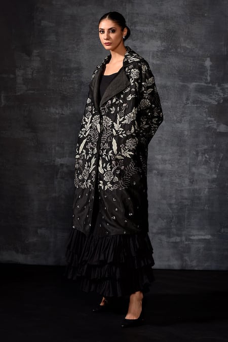 Buy_Samant Chauhan_Black Linen, Silk Embroidery, Sequins Collared, Longline Jacket And Dress Set _Online_at_Aza_Fashions