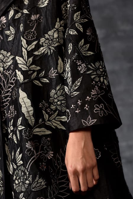 Shop_Samant Chauhan_Black Linen, Silk Embroidery, Sequins Collared, Longline Jacket And Dress Set _Online_at_Aza_Fashions