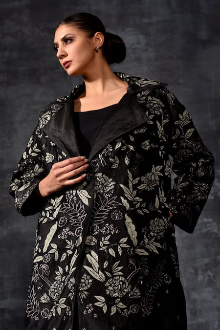 Samant Chauhan_Black Linen, Silk Embroidery, Sequins Collared, Longline Jacket And Dress Set _at_Aza_Fashions