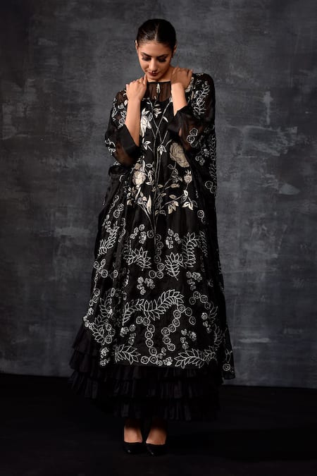 Buy_Samant Chauhan_Black Organza, Organza, Embroidery Moonlit Bloom Kaftan With Dress _Online_at_Aza_Fashions