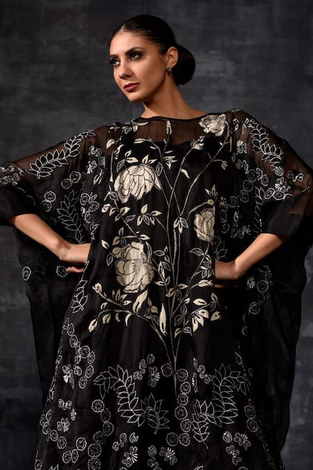 Shop_Samant Chauhan_Black Organza, Organza, Embroidery Moonlit Bloom Kaftan With Dress _Online_at_Aza_Fashions