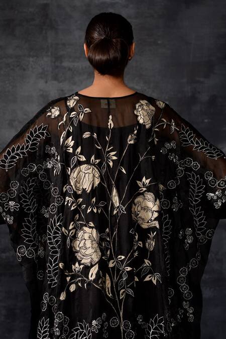 Samant Chauhan_Black Organza, Organza, Embroidery Moonlit Bloom Kaftan With Dress _at_Aza_Fashions