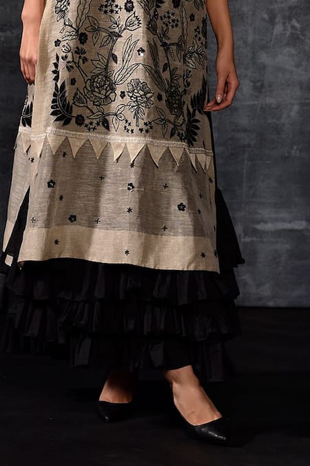 Samant Chauhan_Grey Linen, Silk Embroidery, Applique, Ruffles Round Neck Tunic With Dress _Online_at_Aza_Fashions