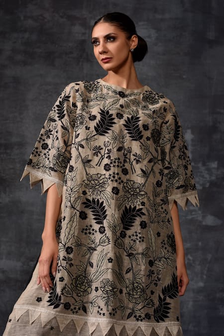 Buy_Samant Chauhan_Grey Linen, Silk Embroidery, Applique, Ruffles Round Neck Tunic With Dress _Online_at_Aza_Fashions