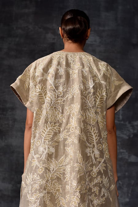 Buy_Samant Chauhan_Grey Linen, Silk Embroidery, Ruffles Open Neck Kaftan Jacket And Tiered Skirt Set _Online_at_Aza_Fashions