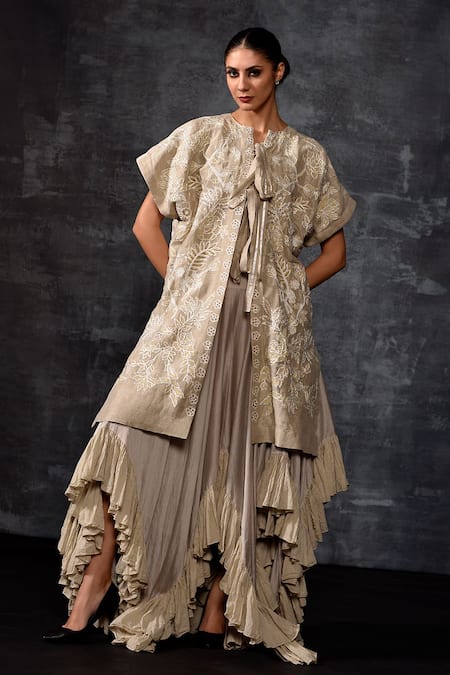 Samant Chauhan Embroidered Kaftan Jacket & Tiered Ruffle Skirt Set