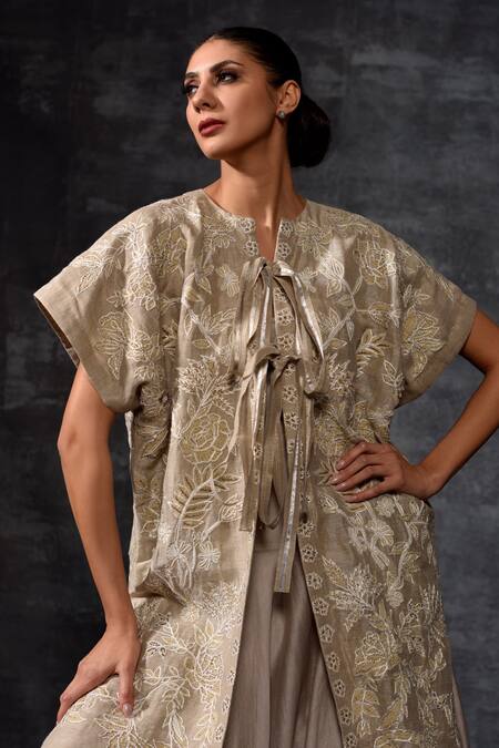 Shop_Samant Chauhan_Grey Linen, Silk Embroidery, Ruffles Open Neck Kaftan Jacket And Tiered Skirt Set _Online_at_Aza_Fashions