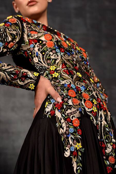 Samant Chauhan_Black Cotton, Silk Embroidery, Beads Round Neck Vibrant Floral Gown _Online_at_Aza_Fashions